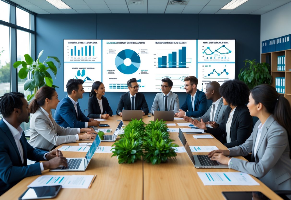 Un groupe de professionnels en réunion autour d'une table de conférence, discutant de stratégies et d'évolution réglementaire dans un bureau moderne et lumineux.