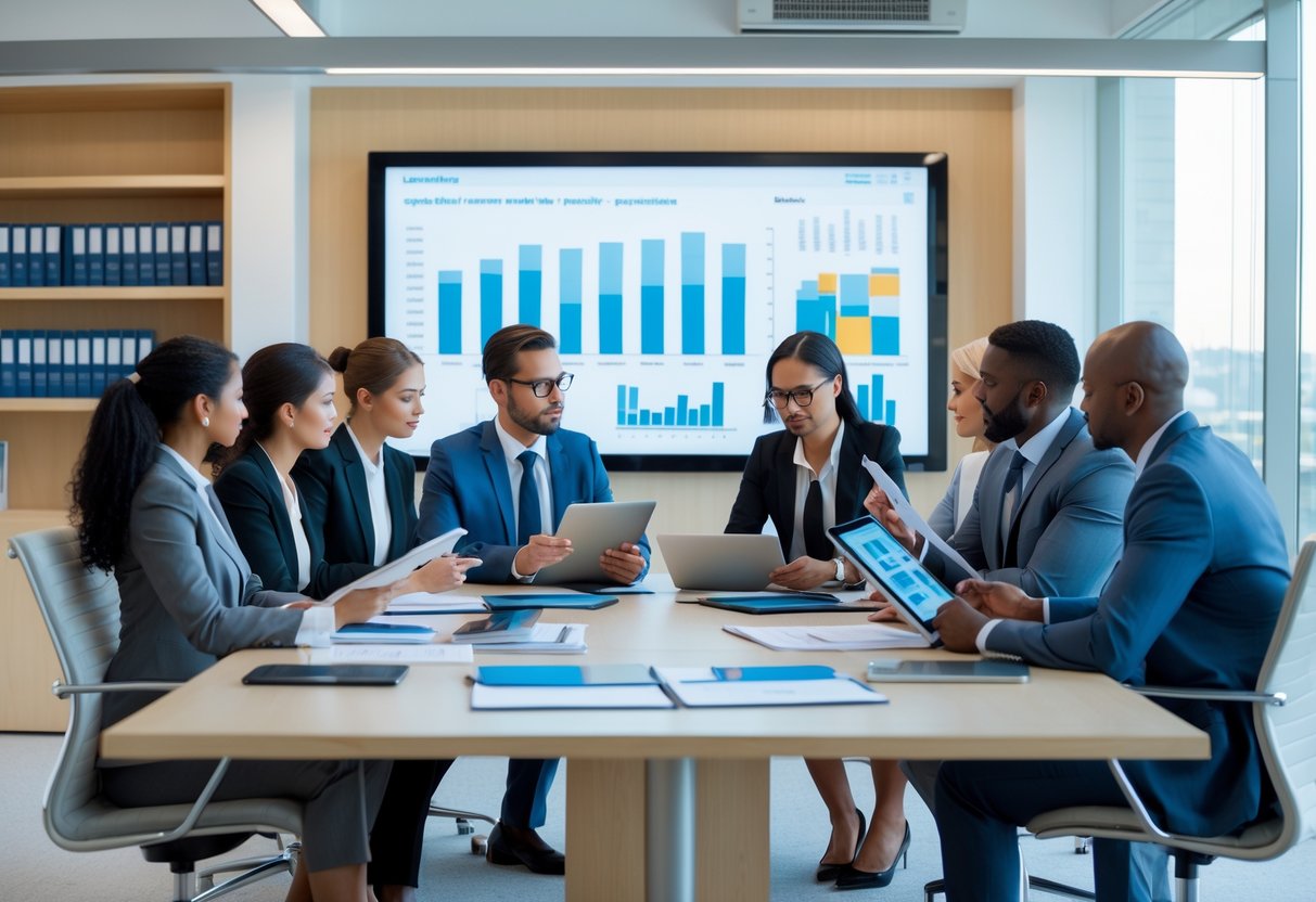 Un groupe de professionnels en réunion autour d'une table de conférence, discutant et examinant des documents et des écrans dans un bureau moderne.