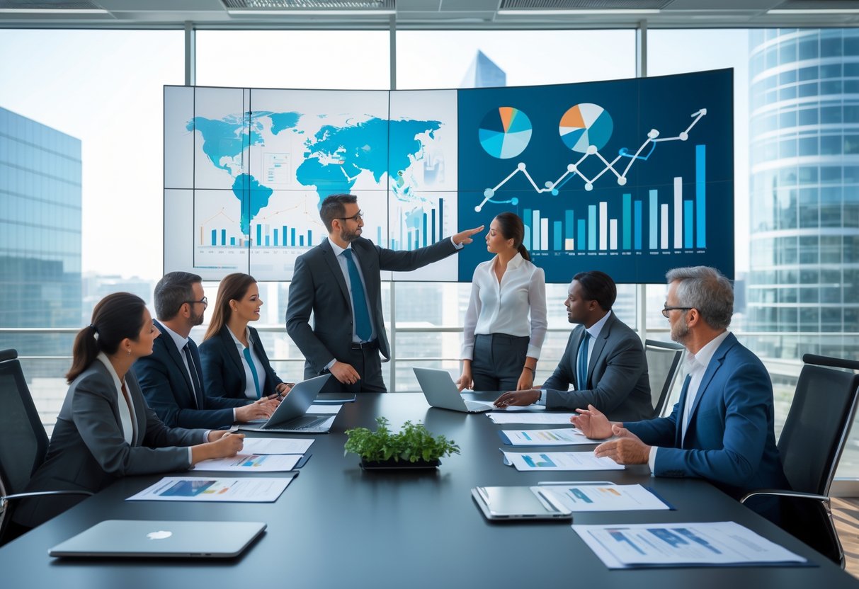 Un groupe de professionnels en réunion dans un bureau moderne, analysant des graphiques sur un écran numérique autour d'une table de conférence.