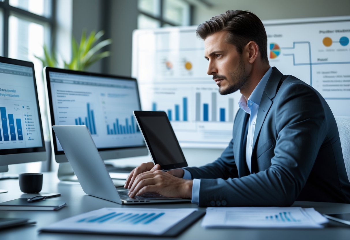 Un professionnel concentré travaille à son bureau avec un ordinateur portable et une tablette, entouré de documents et de graphiques, dans un bureau moderne.