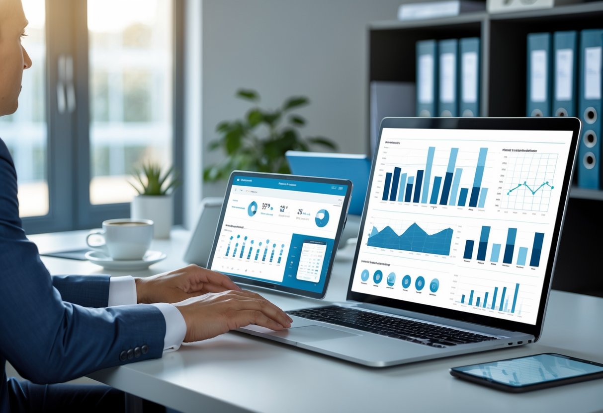 Un professionnel assis à un bureau moderne utilisant plusieurs appareils numériques dans un bureau organisé et lumineux.