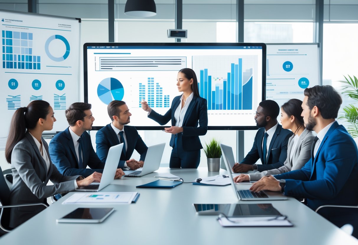 Un groupe de professionnels en réunion autour d'une table de conférence, discutant et utilisant des ordinateurs portables dans un bureau moderne.