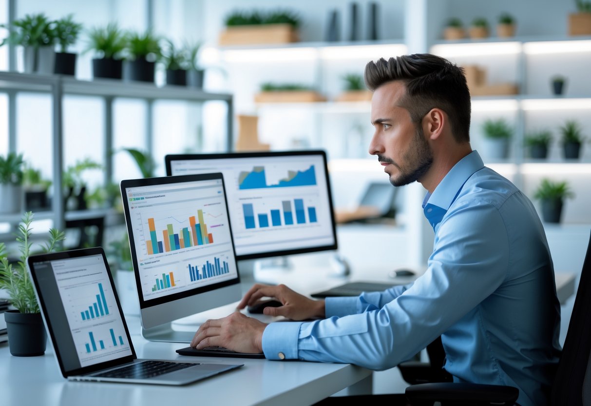 Un professionnel concentré travaille à un bureau moderne avec plusieurs appareils numériques dans un environnement de bureau lumineux et organisé.