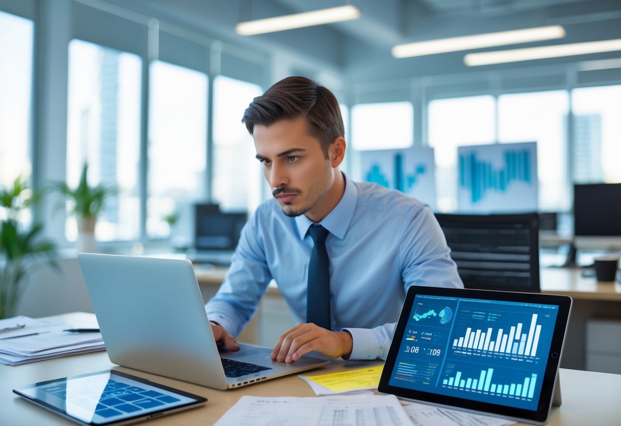 Un professionnel concentré travaillant sur un ordinateur portable dans un bureau moderne avec plusieurs appareils numériques et documents organisés autour de lui.