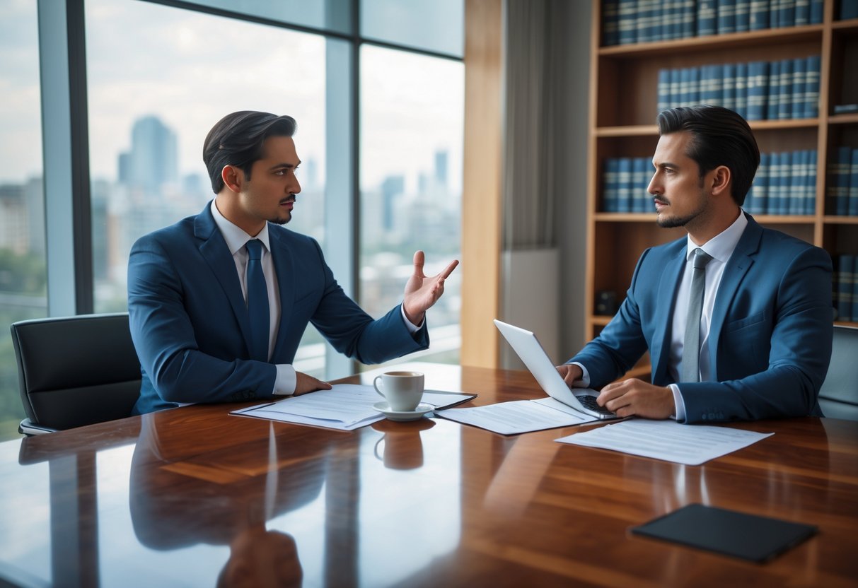 Deux avocats professionnels discutant autour d'une table dans un bureau moderne avec des documents juridiques.