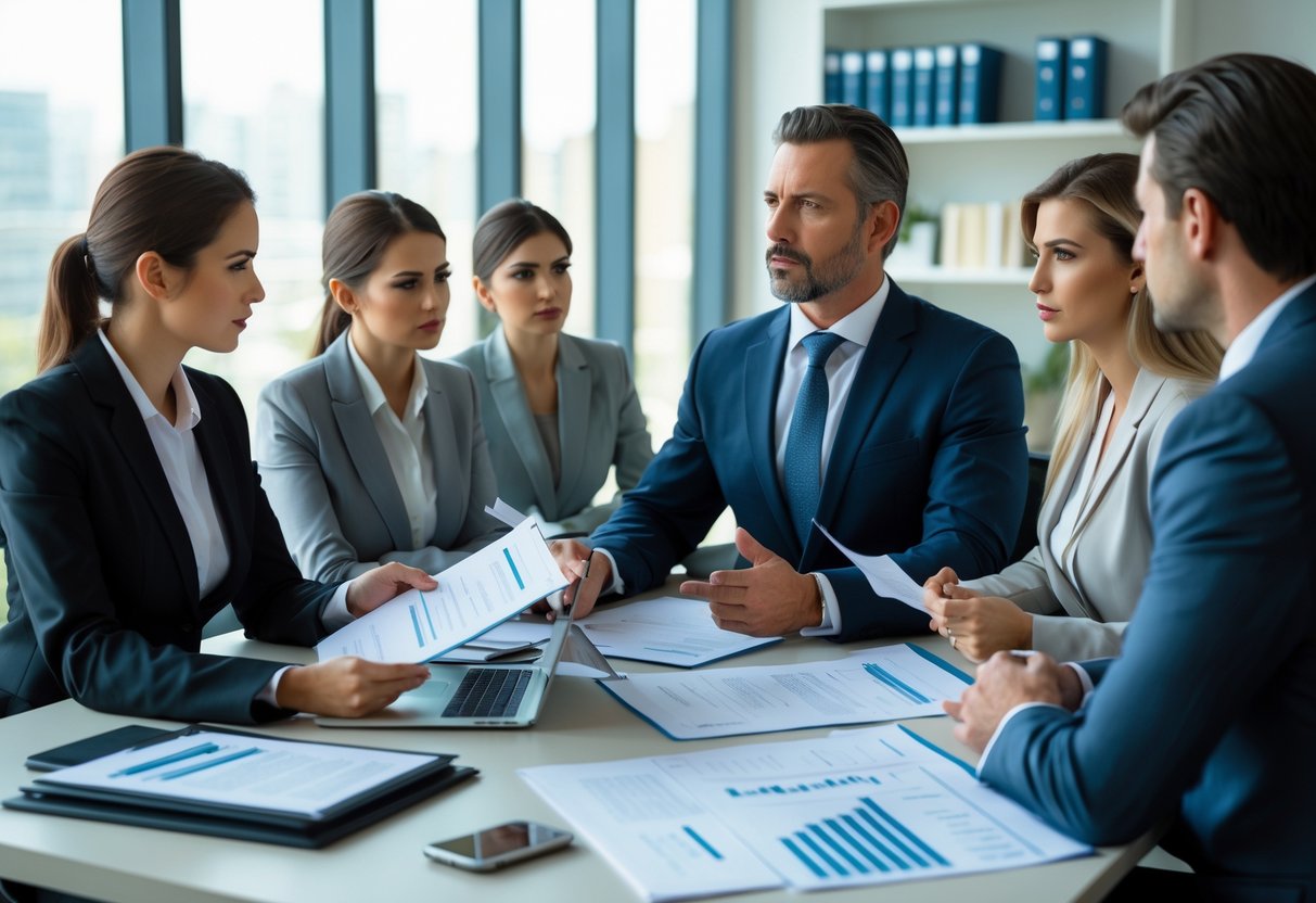 Un groupe de professionnels en réunion dans un bureau moderne, avec un avocat discutant de documents juridiques.
