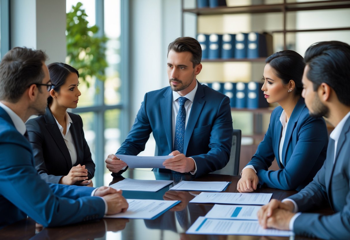 Une réunion professionnelle dans un bureau moderne avec un avocat expliquant des documents à des clients attentifs.