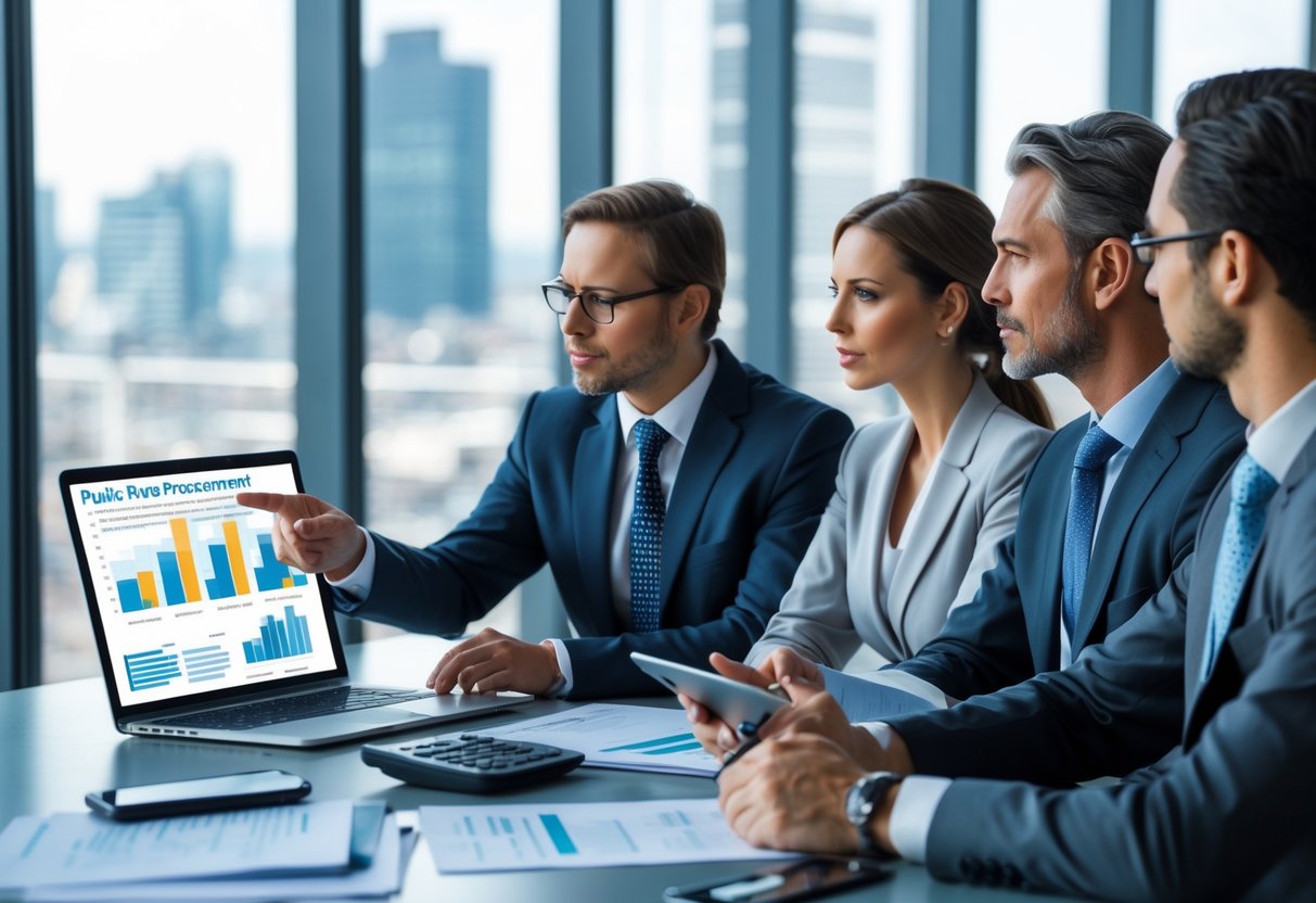 Trois professionnels en réunion dans un bureau moderne, discutant autour d'une table avec un ordinateur portable et des documents.