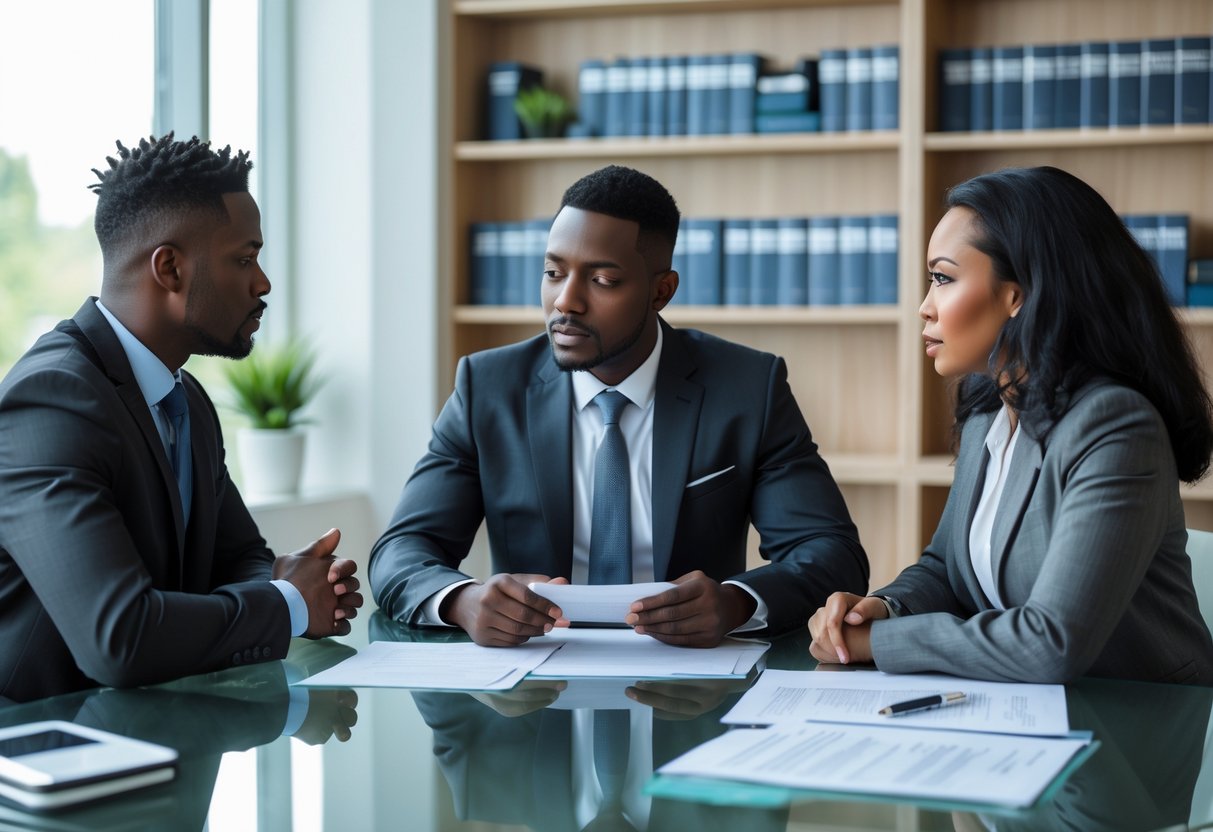 Une réunion professionnelle dans un bureau moderne avec un avocat expliquant des documents juridiques à un client inquiet.