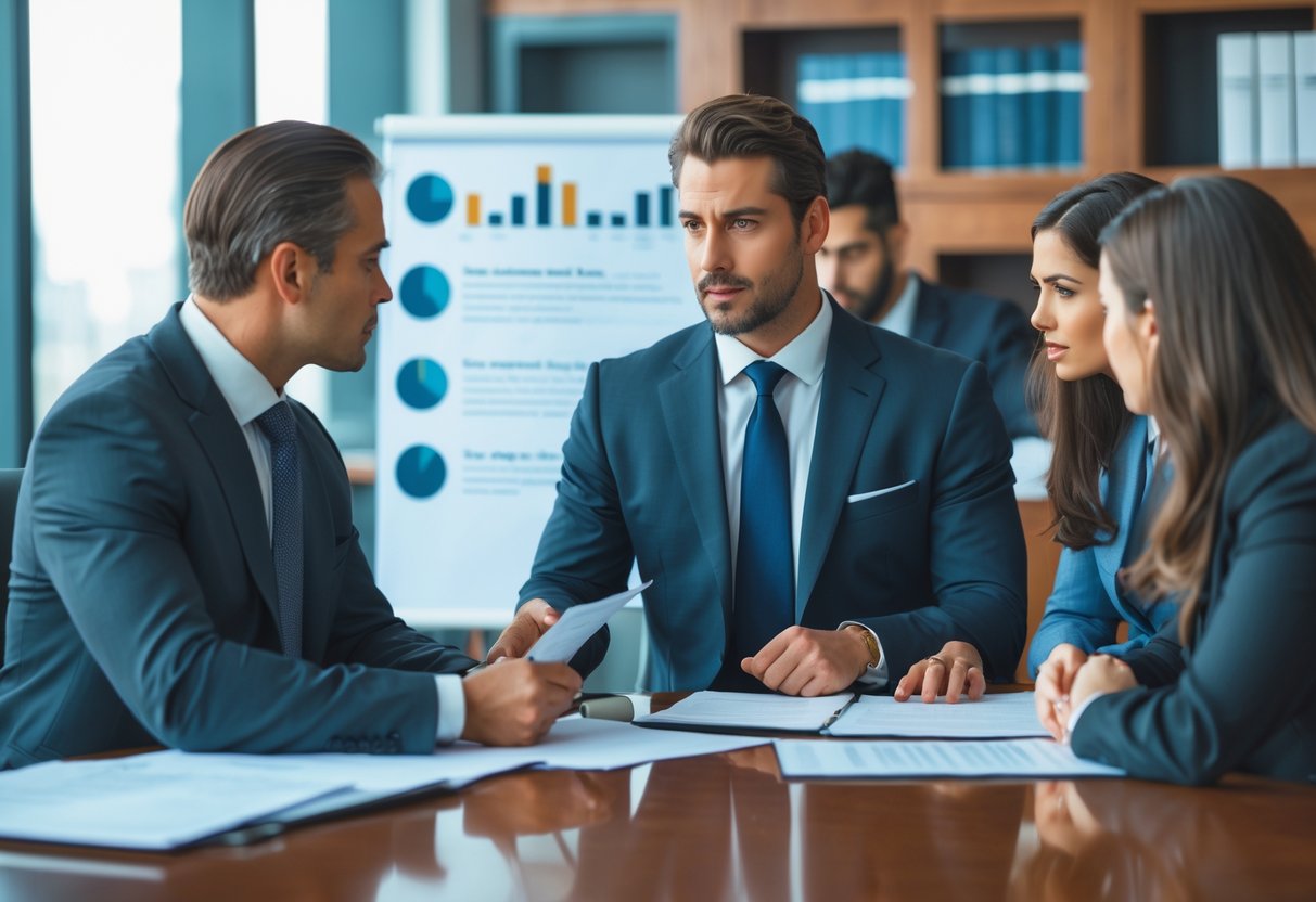 Une réunion professionnelle dans un bureau moderne avec un avocat expliquant des documents à un client inquiet autour d'une table de conférence.