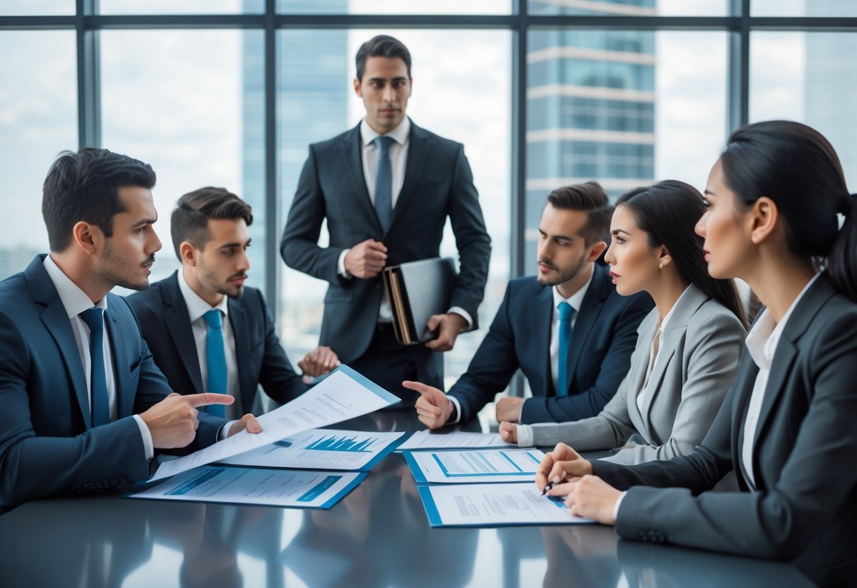 Réunion d'affaires professionnelle où des personnes discutent de documents juridiques avec un avocat dans un bureau moderne.