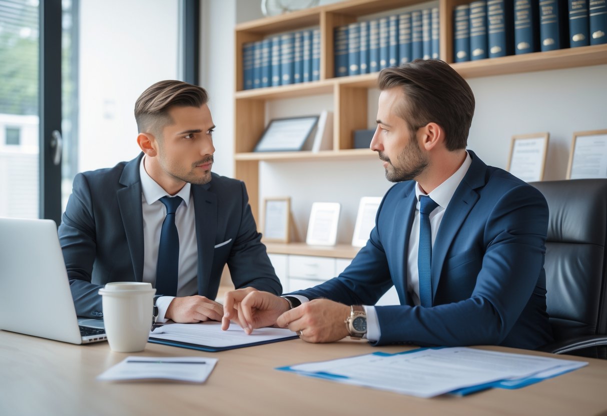 Une personne consulte un avocat dans un bureau moderne avec des documents juridiques sur le bureau.