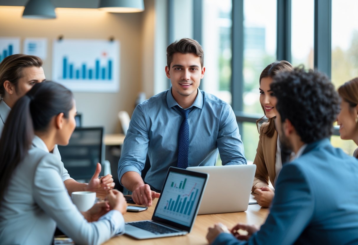 Un jeune entrepreneur discutant avec des clients dans un bureau moderne, montrant un échange de confiance.