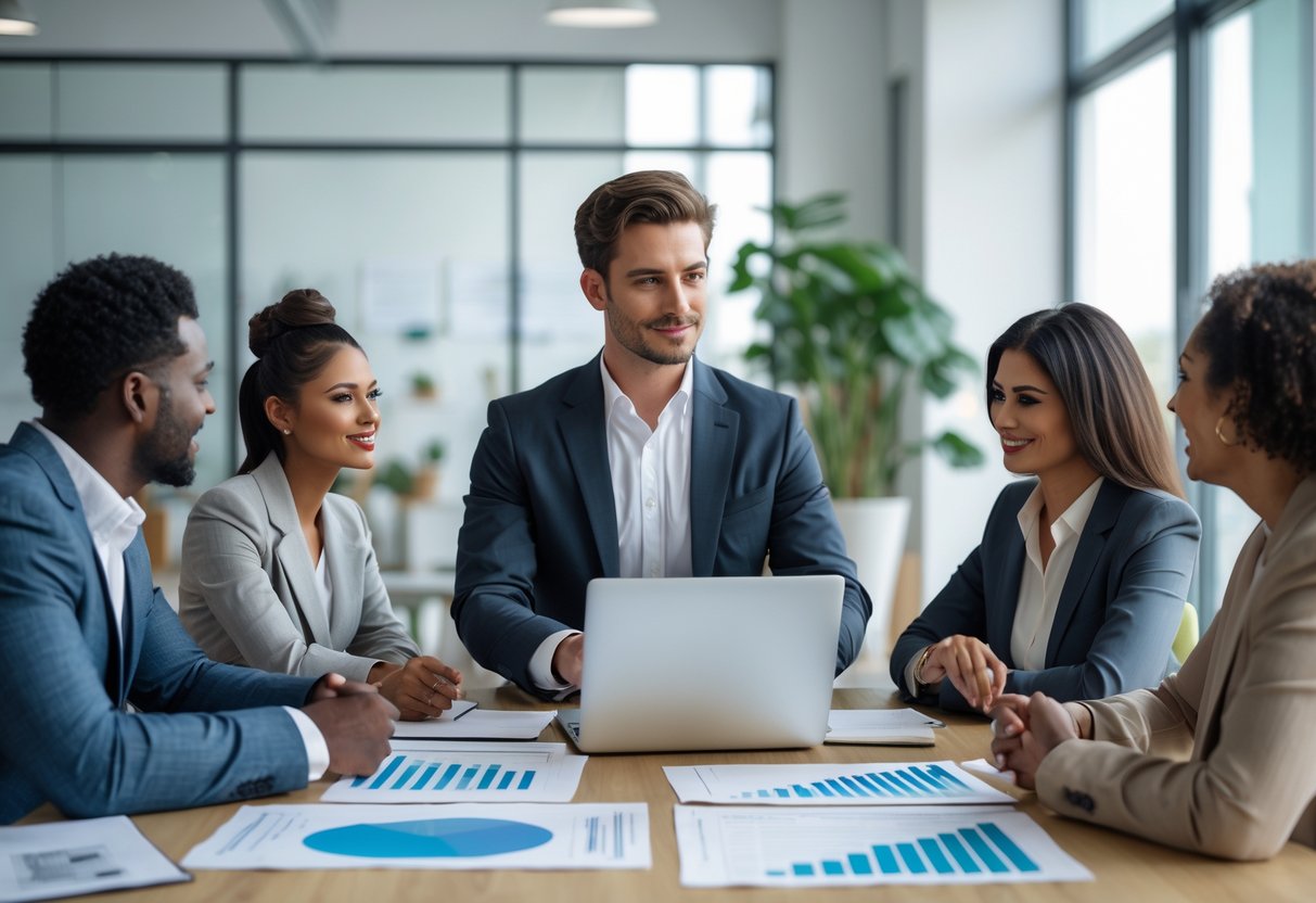 Un entrepreneur jeune en réunion professionnelle avec des clients, montrant des documents et des graphiques dans un bureau moderne lumineux.