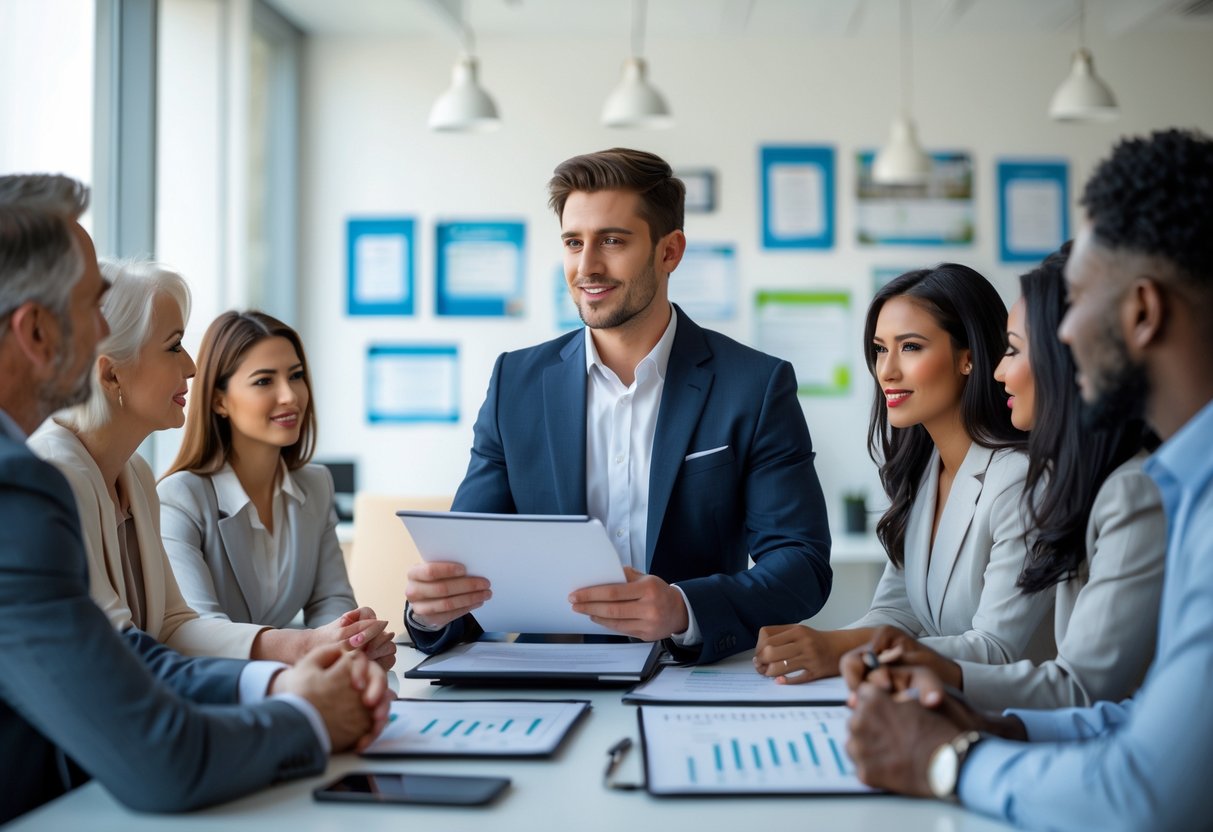 Un entrepreneur présentant des documents à des clients attentifs dans un bureau moderne, avec des certificats et récompenses en arrière-plan.