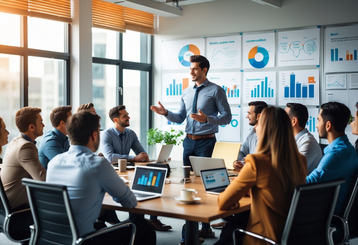 Un entrepreneur jeune présente des stratégies marketing à un groupe de professionnels dans une salle de réunion moderne.