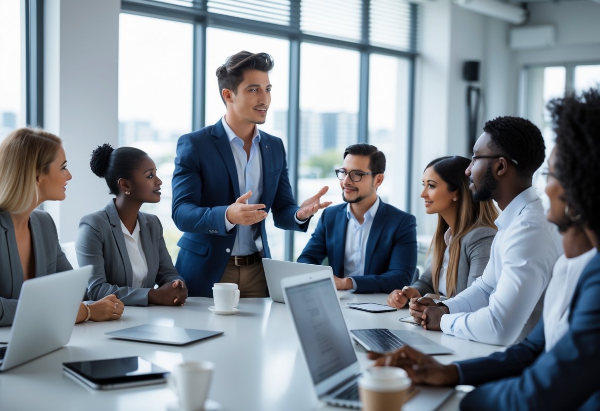 Un jeune entrepreneur présente un plan d'affaires à un groupe de clients attentifs dans une salle de conférence lumineuse.