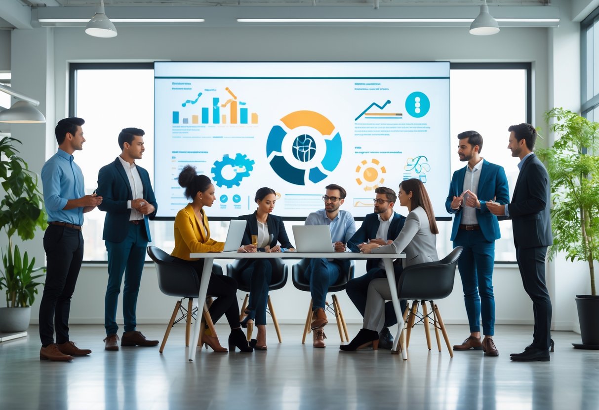 Une équipe jeune et diverse de professionnels discutant ensemble dans un bureau moderne lumineux avec des écrans affichant des graphiques et des symboles liés à l'innovation et à la responsabilité sociétale.