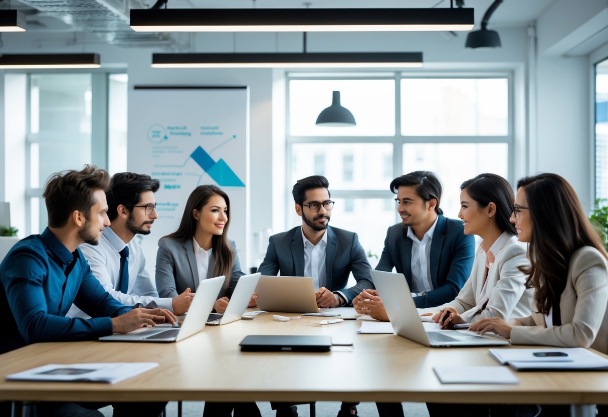 Une équipe diverse de jeunes professionnels en réunion dans un bureau moderne, collaborant autour d'une table avec des ordinateurs portables et des documents.
