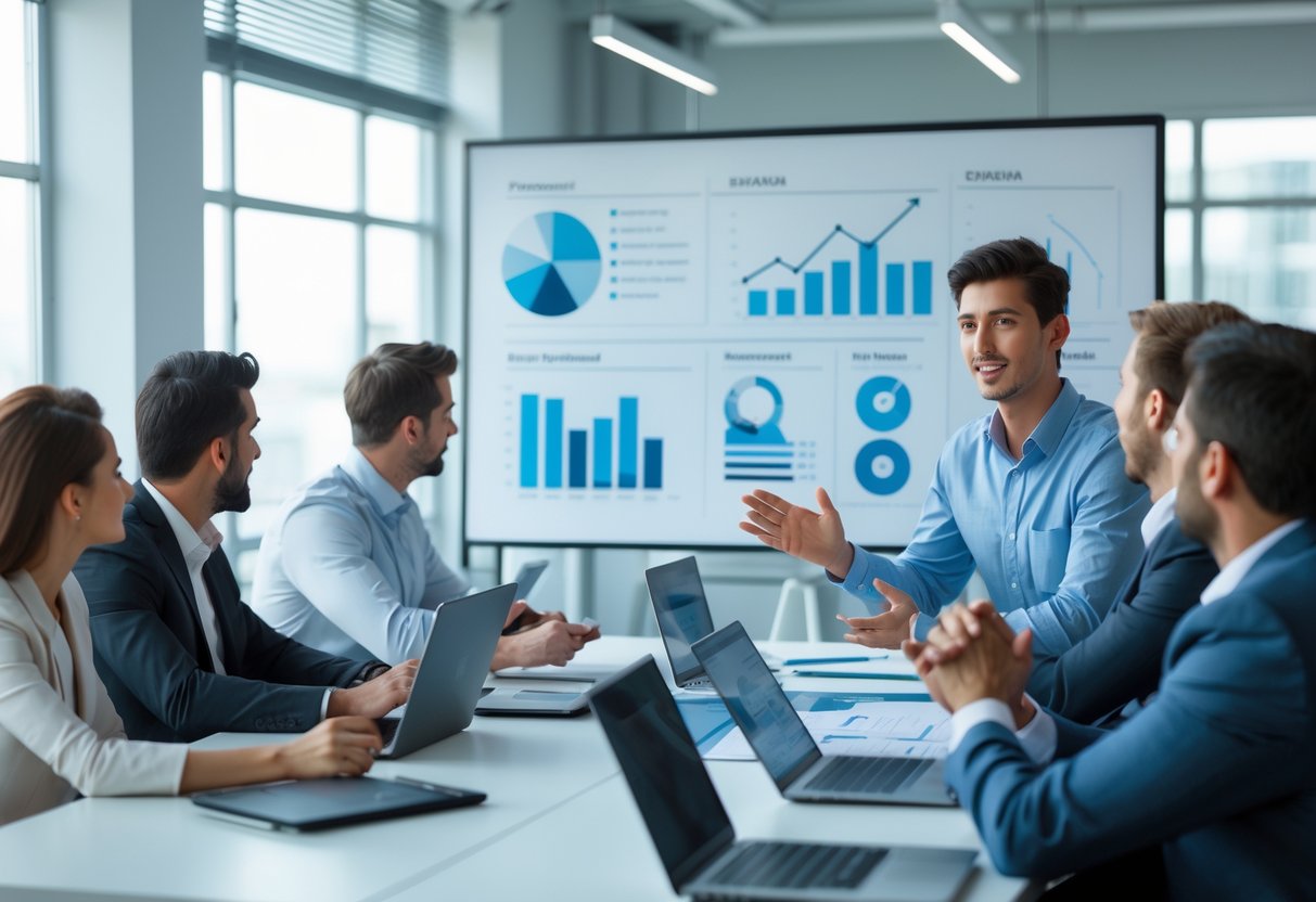 Un entrepreneur jeune présente un plan d'affaires à des clients attentifs dans un bureau moderne lumineux.