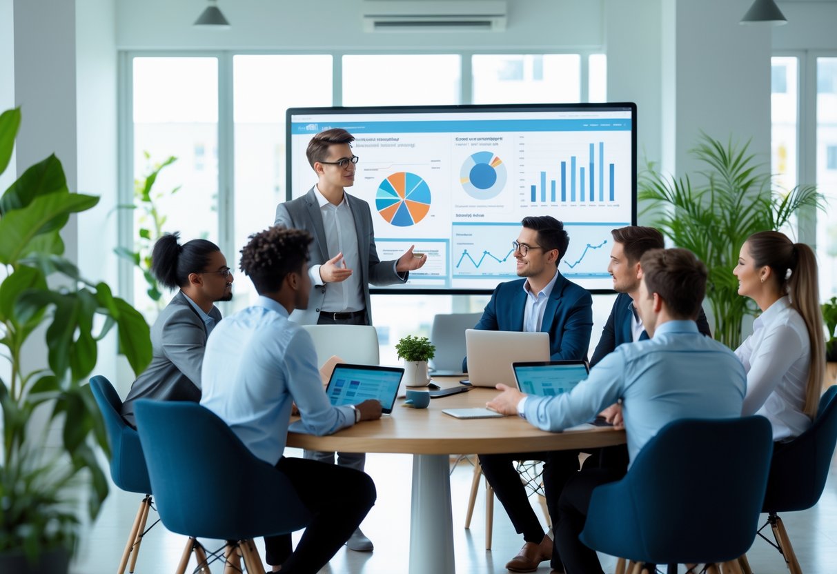 Un groupe de jeunes professionnels en réunion dans un bureau moderne, discutant autour d'une table avec des ordinateurs et des documents.