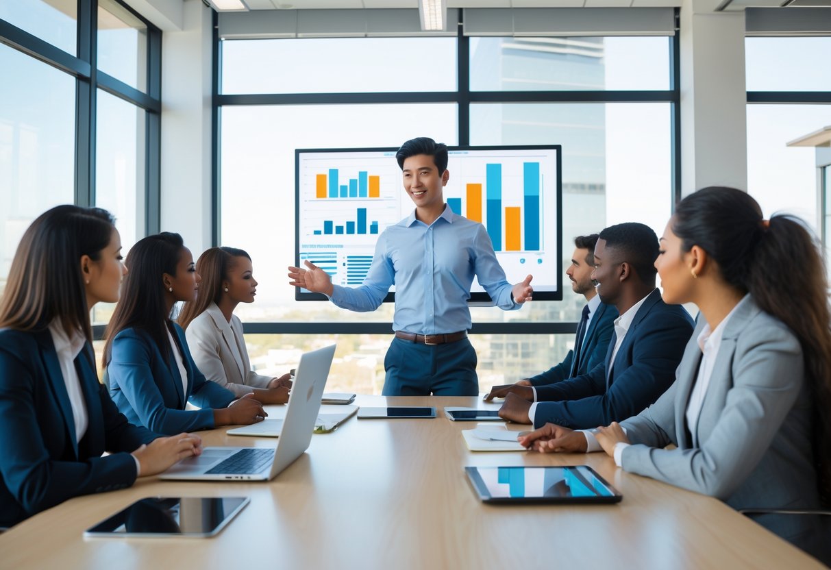 Un entrepreneur jeune présente avec confiance à un groupe de clients dans un bureau moderne et lumineux.