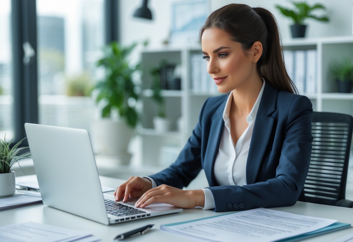 Une femme d'affaires concentrée préparant une demande de devis dans un bureau moderne avec un ordinateur portable et des documents sur un bureau.