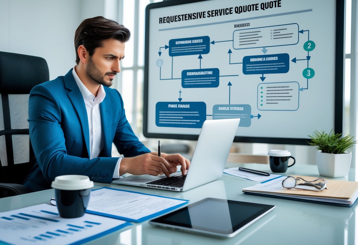 Un professionnel au bureau examinant des documents et prenant des notes devant un ordinateur, avec un tableau en arrière-plan montrant des schémas de travail.