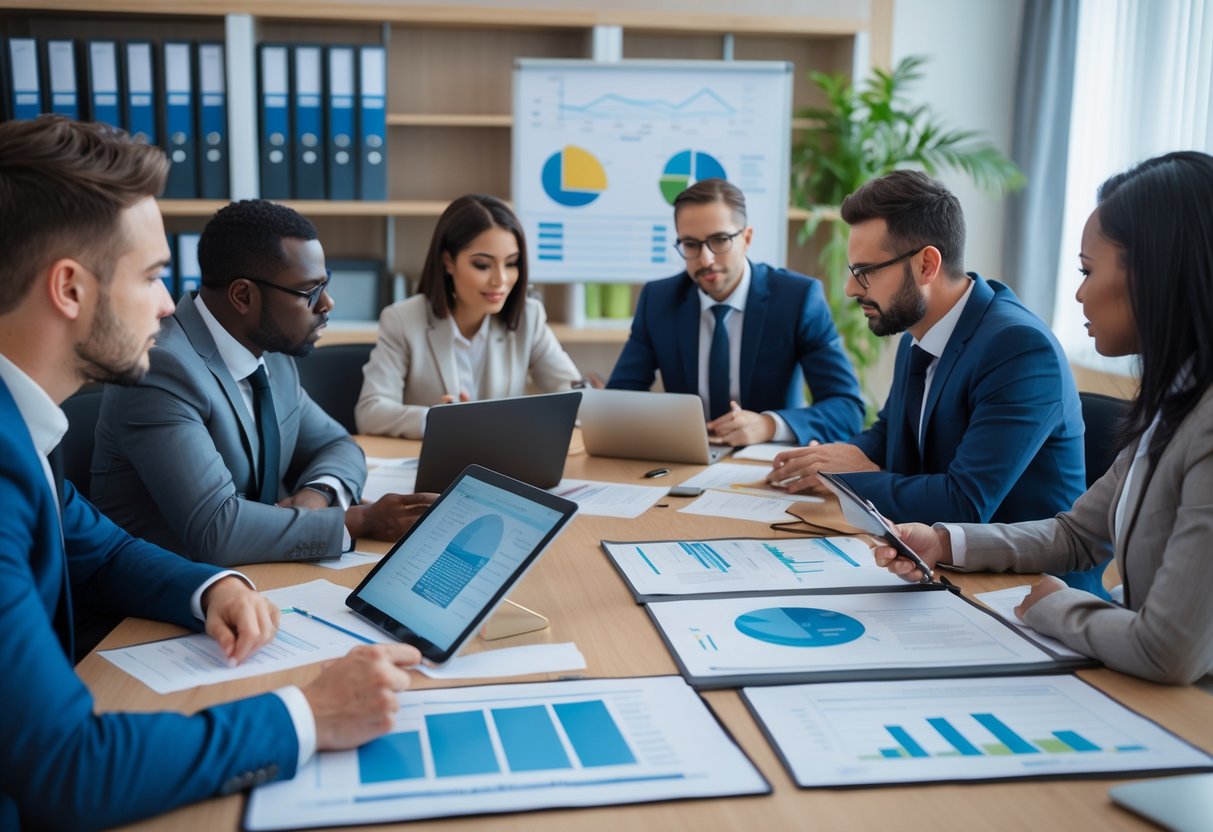 Des professionnels en réunion autour d'une table avec des ordinateurs et des documents, discutant d'un processus administratif.