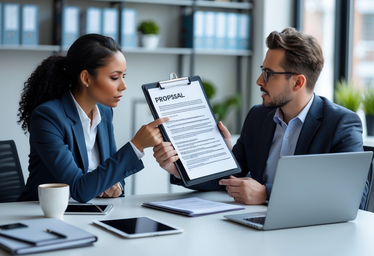 Deux personnes en réunion d'affaires discutant d'un devis dans un bureau moderne.