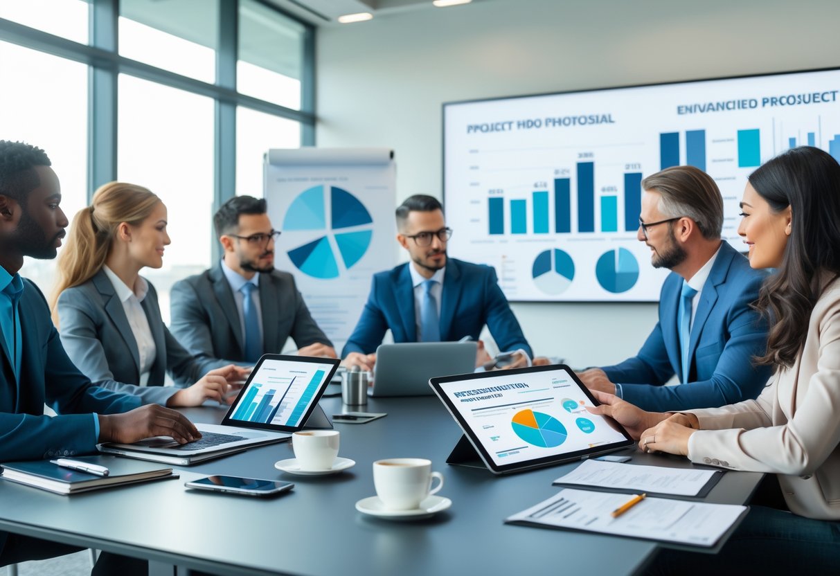 Des professionnels en réunion autour d'une table de conférence, examinant des documents et des tablettes électroniques dans un bureau moderne lumineux.