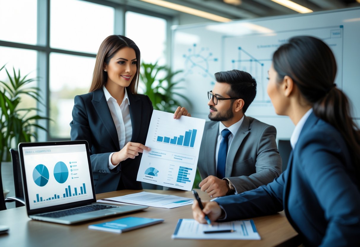 Une réunion d'affaires avec trois personnes discutant autour d'une table dans un bureau moderne, examinant des documents et un ordinateur portable.