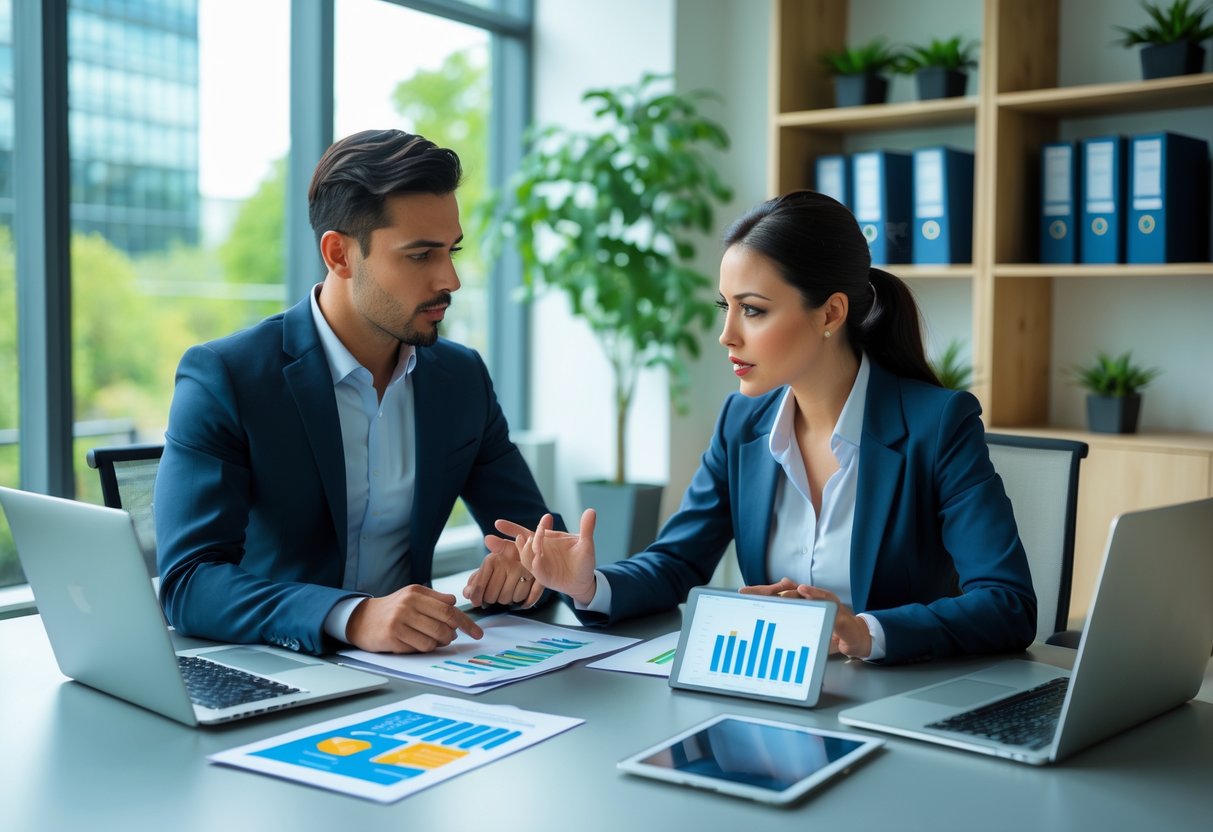 Deux professionnels en réunion dans un bureau moderne, discutant autour d'une table avec des documents et des appareils numériques.