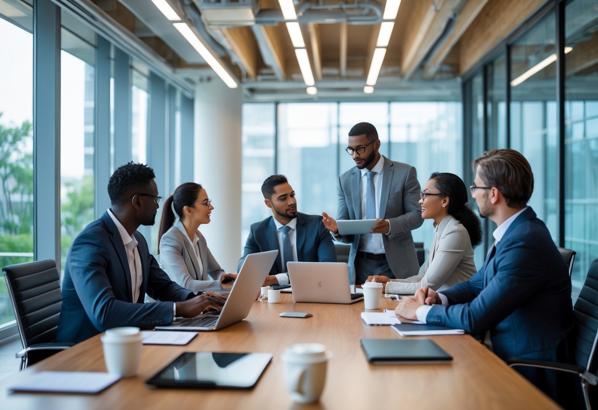 Un groupe de professionnels en réunion dans une salle de conférence moderne, discutant autour d'une table avec des ordinateurs portables et des notes.