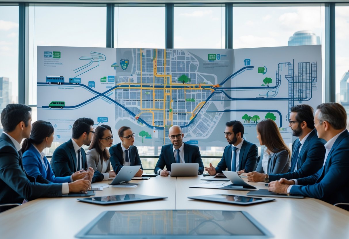 Une réunion professionnelle avec des experts discutant de plans pour les transports urbains intégrés autour d'une table de conférence.