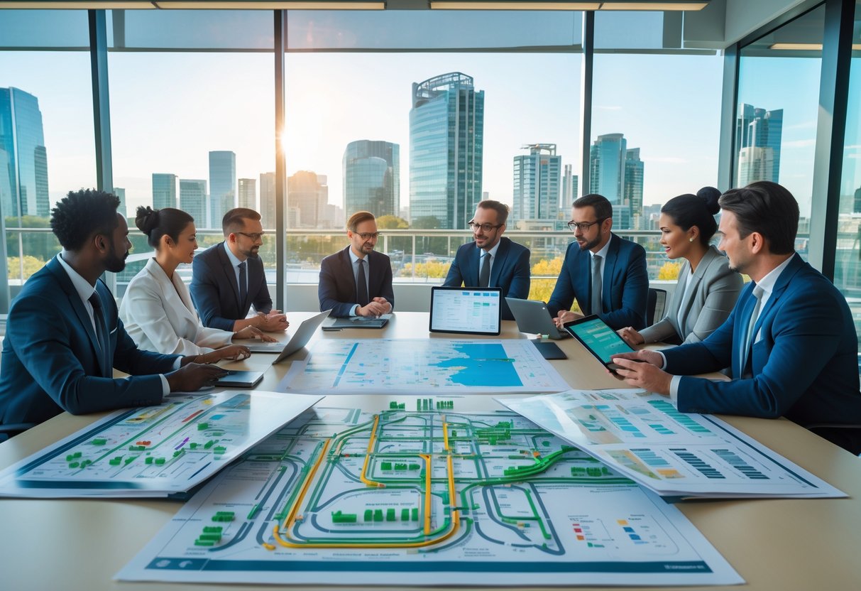 Une réunion professionnelle avec des experts discutant de la planification de la mobilité urbaine intégrée autour d'une table, avec des cartes et des appareils numériques affichant des réseaux de transport.