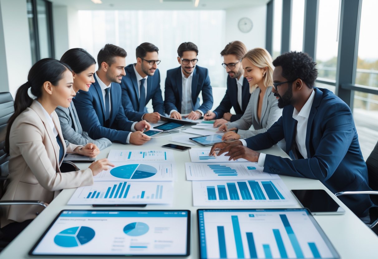 Un groupe de professionnels en réunion dans un bureau moderne, examinant des documents et utilisant des appareils numériques pour planifier une stratégie.