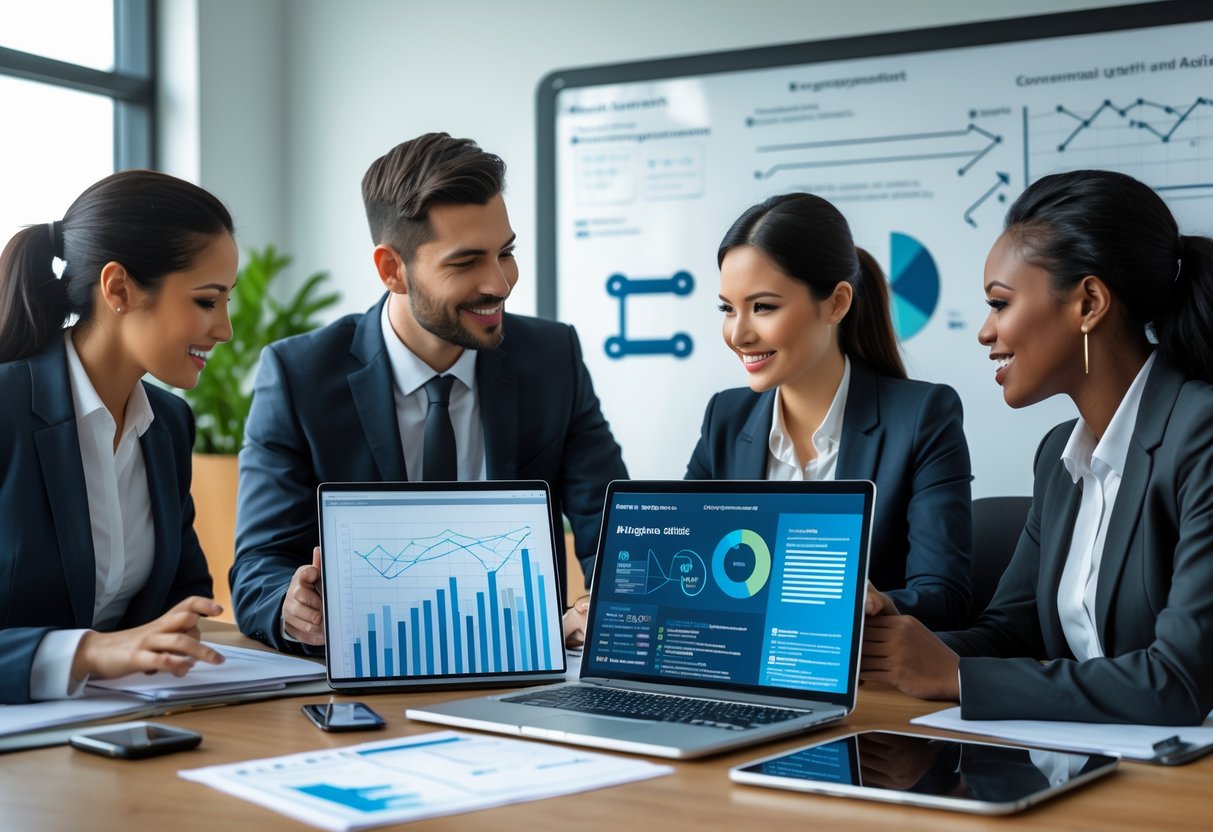 Des professionnels collaborent dans un bureau moderne autour d'un ordinateur portable avec des documents et un tableau blanc en arrière-plan.