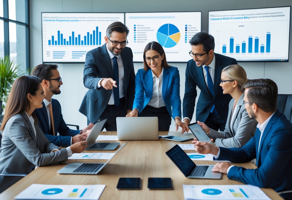 Un groupe de professionnels en réunion autour d'une table avec des ordinateurs et des documents, travaillant sur des processus organisés pour réussir dans les marchés publics numériques.