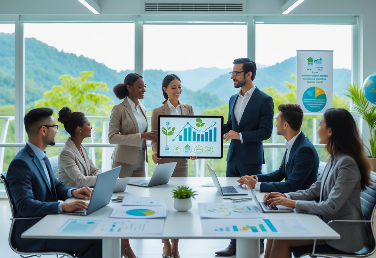 Un groupe de professionnels en réunion autour d'une table discutant de stratégies pour le tourisme durable dans un bureau moderne avec vue sur la nature.
