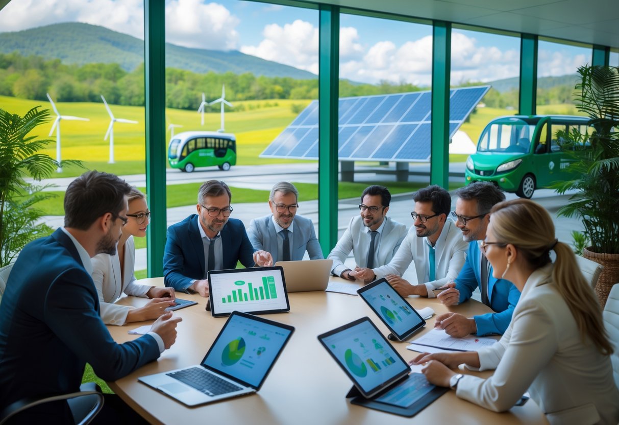 Un groupe de professionnels en réunion dans un bureau lumineux avec vue sur un paysage verdoyant, discutant de projets liés au tourisme durable.