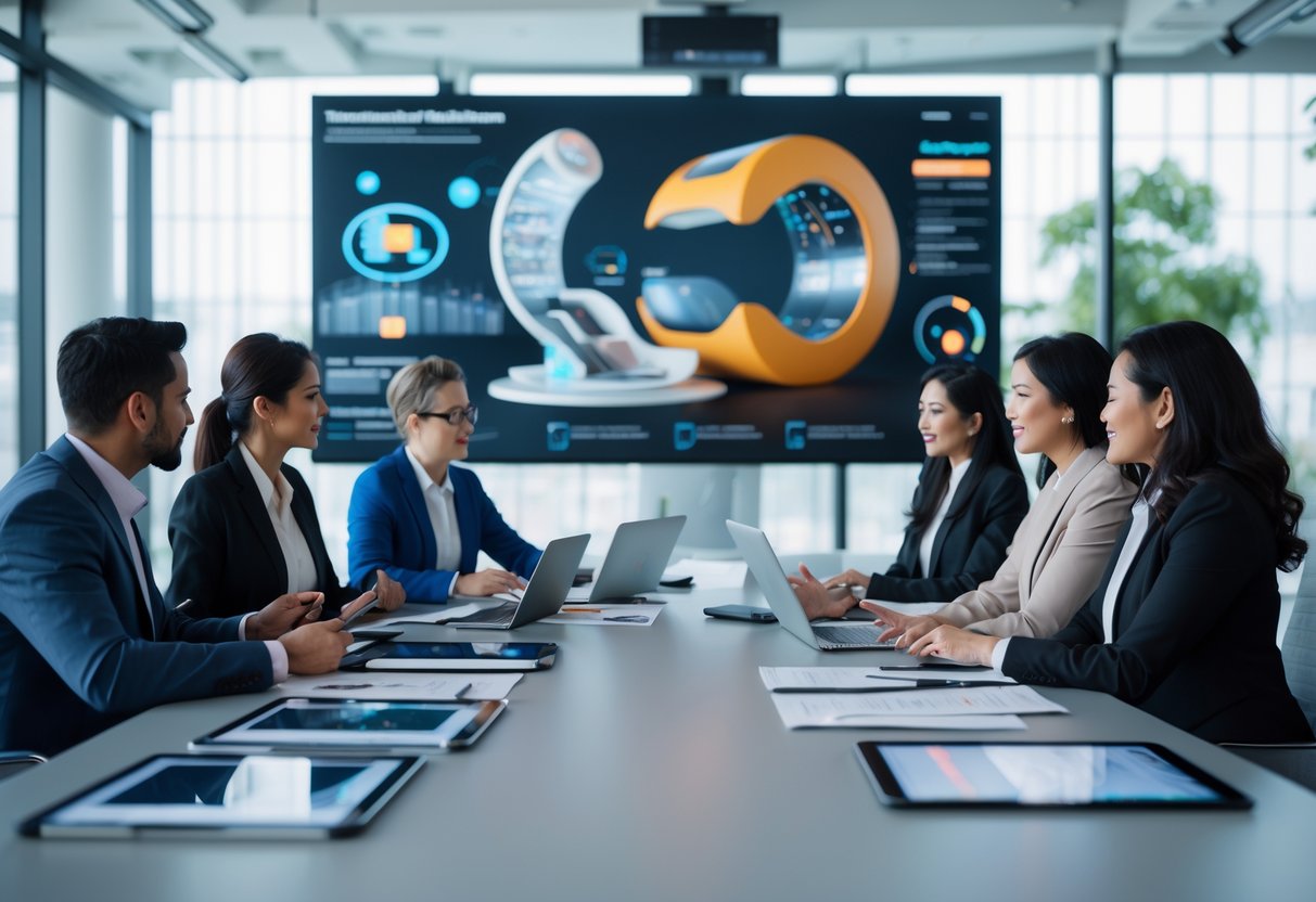 Un groupe de professionnels en réunion autour d'une table, discutant d'un projet de musée immersif avec un modèle 3D affiché sur un écran dans une salle de conférence lumineuse.