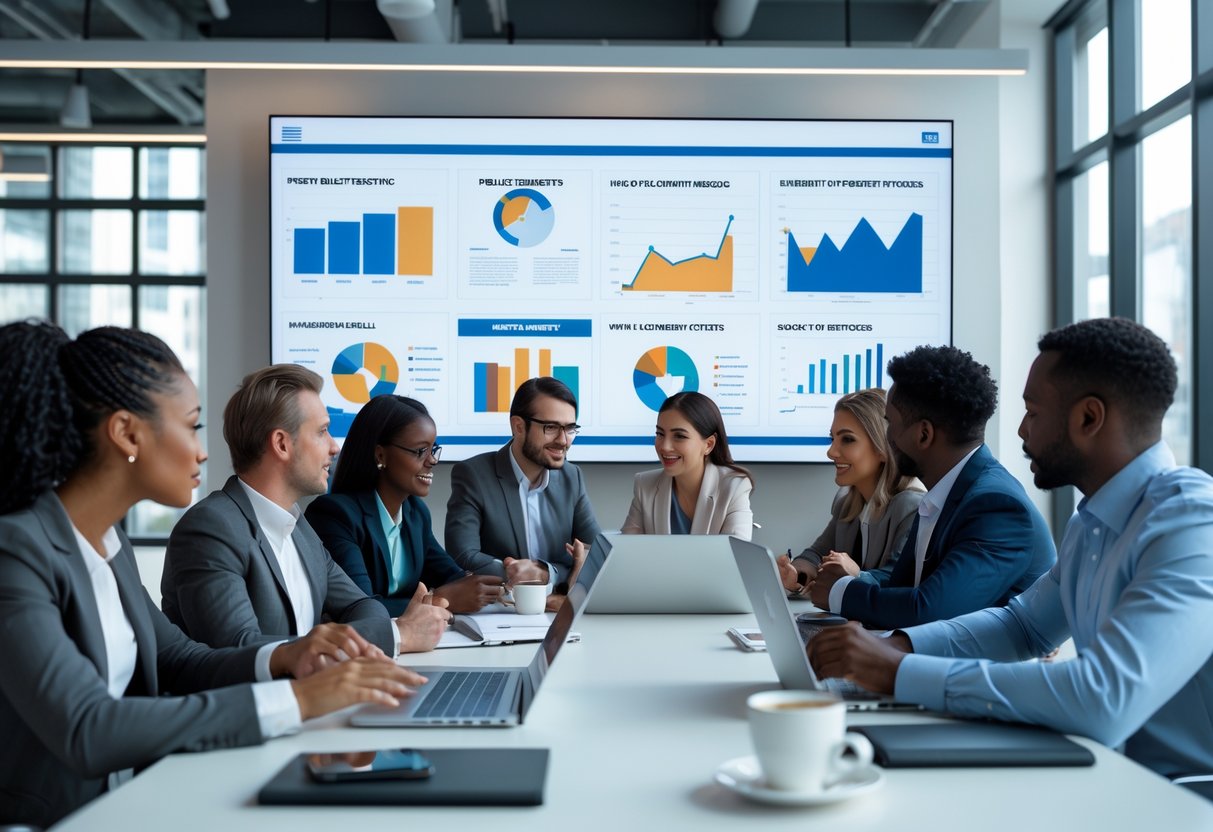 Une équipe diversifiée en réunion dans un bureau moderne, discutant autour d'un écran numérique affichant des graphiques et documents liés aux appels d'offres pour des musées immersifs.