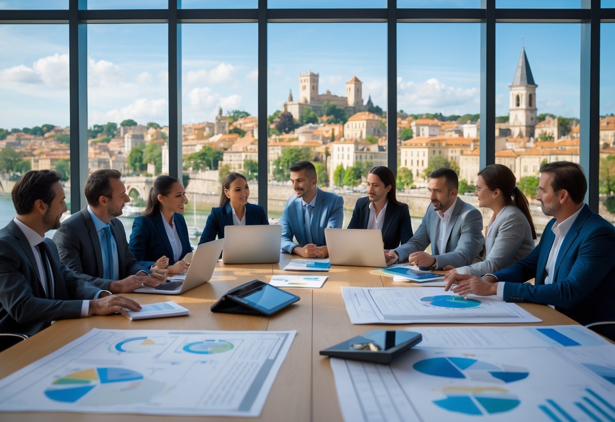 Un groupe de professionnels en réunion autour d'une table avec des documents et des plans, discutant de projets liés à la valorisation du patrimoine local, avec une vue sur une ville historique en arrière-plan.