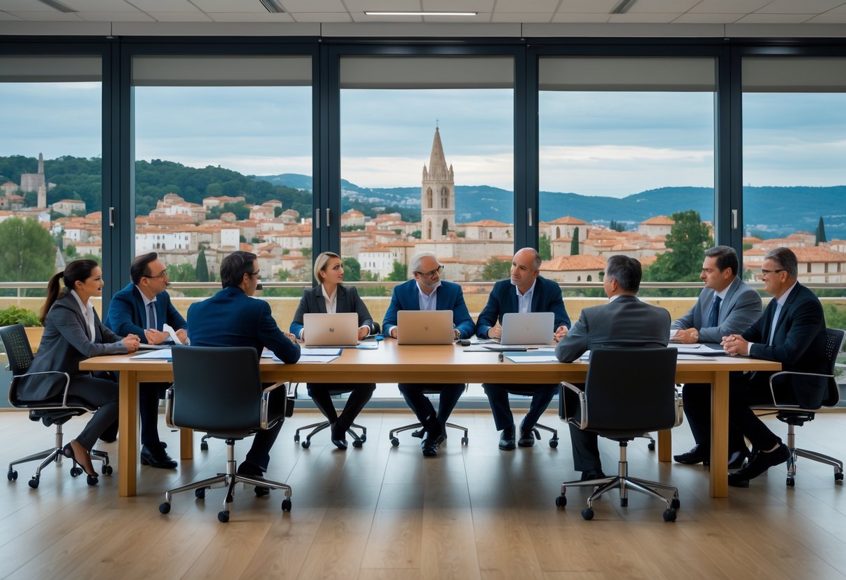 Un groupe de professionnels et de leaders communautaires en réunion dans une salle de conférence avec une vue sur un site patrimonial local.