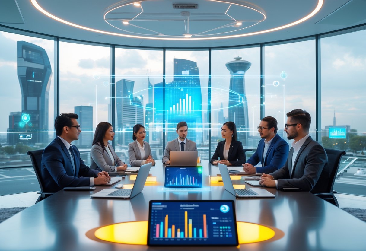 Réunion professionnelle avec des experts discutant de technologies intelligentes pour la gestion d’infrastructures dans un bureau moderne avec vue sur une ville futuriste.