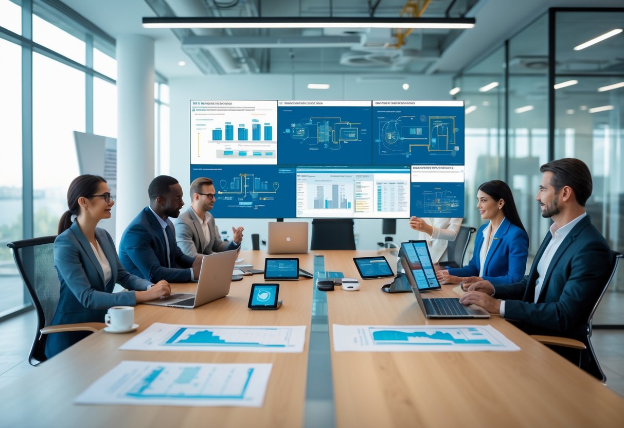 Une équipe professionnelle discute autour d'une table avec des plans et des écrans montrant des infrastructures intelligentes dans un bureau moderne.