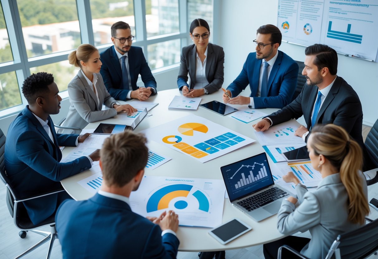 Groupe de professionnels en réunion autour d'une table, discutant de contrats de performance énergétique dans un bureau lumineux.