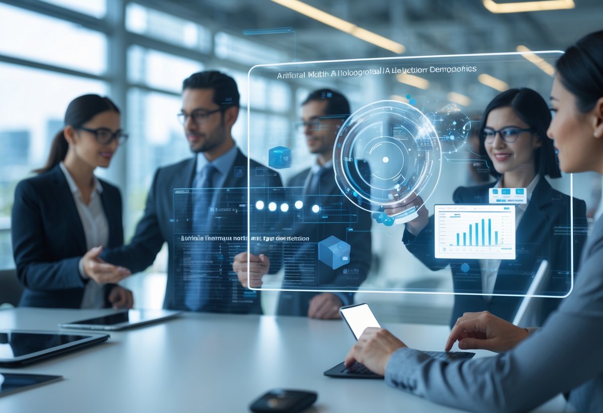 Des professionnels dans un bureau moderne interagissant avec des écrans numériques affichant des données liées à la détection automatisée des appels d'offres.