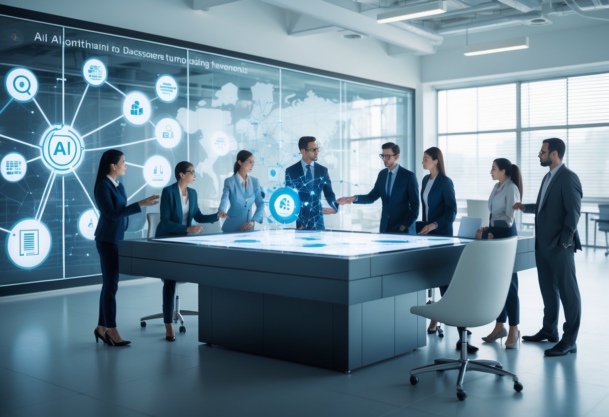 Des professionnels en réunion autour d'une table numérique affichant des données et des graphiques liés à l'intelligence artificielle dans un bureau moderne.